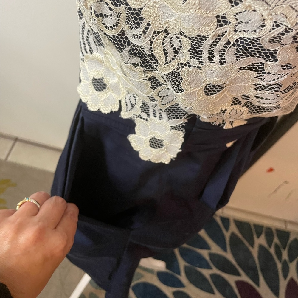 Navy Blue pencil skirt strapless dress with lace, bow, and pockets - Picture 6 of 8